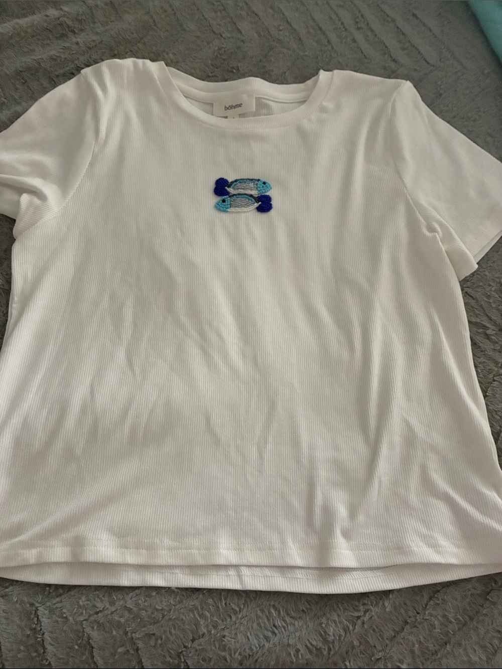 bohme White Ribbed Tee with Blue Fish Motif